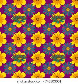 Vector endless illustration of yellow, purple and green flowers. Abstract floral seamless pattern for wallpaper, website or textile printing.