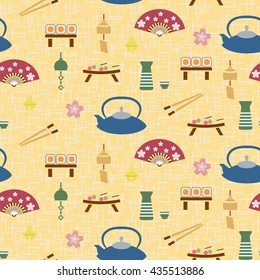 Vector endless japanese background. Seamless pattern with sushi, sleighbell, wind chime, japanese fan, dango, cherry blossom, teapot, sake and chopsticks