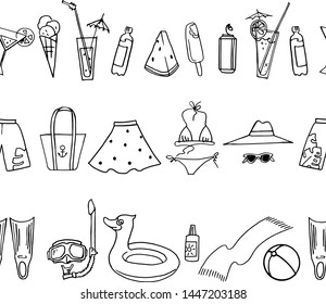 Vector endless line patterns about summer. Simple hand drawn objects.