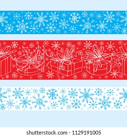 Vector endless lines Christmas design. Blue , red and white with snowflakes and gift boxes.