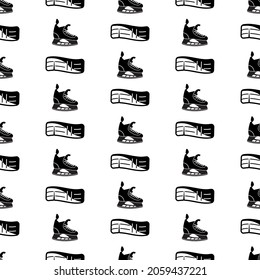 Vector endless monochrome ice hockey pattern with skates and goalie leg pads icons on white background. Sport illustration.