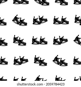 Vector endless monochrome pattern of ice hockey skates on a white background. Sport illustration.
