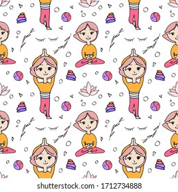 Vector endless pattern with active young girl in yoga asanas. Suitable for printing on fabric, for gliders, health diaries. Healthy lifestyle.