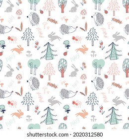 vector endless pattern in childish style. Pattern with hedgehog, hare, mushrooms, trees, flowers, beetle, forest on a white background