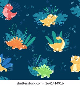 Vector endless pattern with lsmall cute dino kids on darck blue background