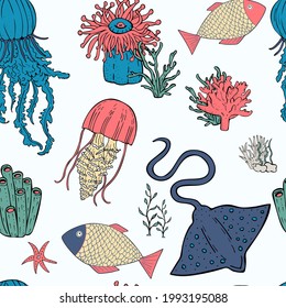 vector endless pattern on a marine theme - jellyfish, fish, stingray, sea plants, corals, algae, shells