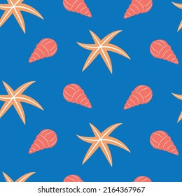 Vector endless pattern with red shells and orange stars. Beautiful colorful sea creatures. Different sea animals for textiles, postcards and other products.