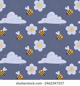vector endless pattern summer mood, textile, print, blue background funny bees fly among the clouds and flowers