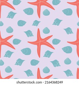 Vector endless pattern with tropical seashell and sea star. Cartoon colorful underwater mollusk and sea star. Ocean vector set isolated on white. Colorful undersea elements