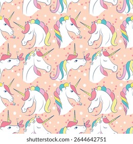 Vector endless pattern with unicorns. Pink background, stars and unicorns. Repeating pattern for print