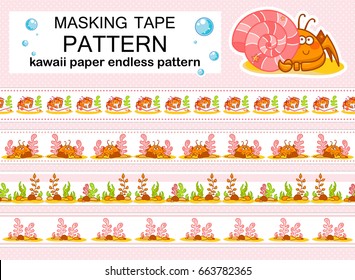 Vector endless patterns. Seamless washi tape (means paper tape), masking tape, borders, dividers, pattern board. Kawaii smiling crabs on tender pink ribbon. Different art in each set 