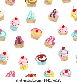 Vector endless seamless pattern with bright sweet cupcakes, isolated, on a white background hand-drawn. Muffins with cream, cherry, sprinkling for textiles, background, packaging, decoration.