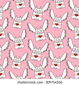 Vector endless seamless pattern with funny cats, angels, hearts. Creative pattern on Valentine's day