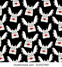 Vector endless seamless pattern with funny cats, angels, hearts. Creative pattern on Valentine's day