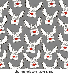 Vector endless seamless pattern with funny cats, angels, hearts. Creative pattern on Valentine's day