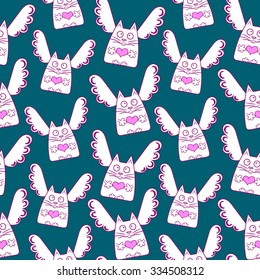 Vector endless seamless pattern with funny cats, angels, hearts. Creative pattern on Valentine's day