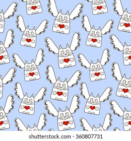 Vector endless seamless pattern with funny cats, angels, hearts. Creative pattern on Valentine's day