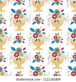 Vector endless seamless pattern. Illustration of stylized vase with flowers. Flat style flowers, leaves, petals. Elements for design isolated on white background