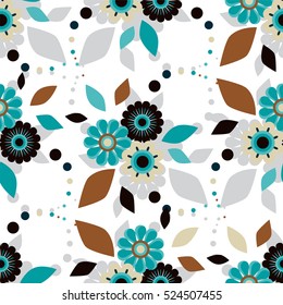 Vector endless seamless pattern. Illustration of stylized flowers. Flat style flowers, leaves, petals. Elements for design isolated on white background. Perfect for textile, paper, fabric