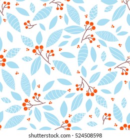  Vector endless seamless pattern. Illustration of branch and berry of rowan, ash berry. Simple flat style. Perfect for textile, cotton, paper, wallpaper   