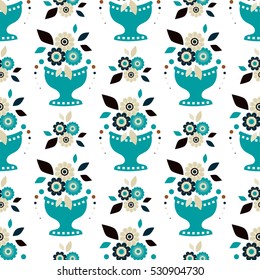 Vector endless seamless pattern. Illustration of stylized vase with flowers. Flat style flowers, leaves, petals. Elements for design isolated on white background 