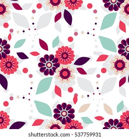 Vector endless seamless pattern. Illustration of stylized flowers. Flat style flowers, leaves, petals. Elements for design isolated on white background 