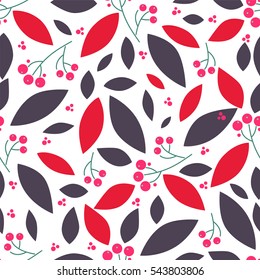 Vector endless seamless pattern. Illustration of branch and berry of rowan, ash berry. Simple flat style  