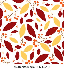 Vector endless seamless pattern. Illustration of branch and berry of rowan, ash berry. Simple flat style  