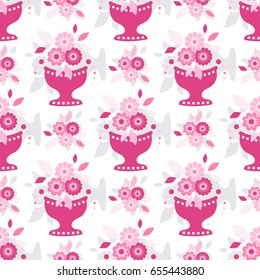 Vector endless seamless pattern. Illustration of stylized vase with flowers. Flat style flowers, leaves, petals. Elements for design isolated on white background