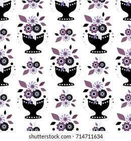 Vector endless seamless pattern. Illustration of stylized vase with flowers. Flat style flowers, leaves, petals. Elements for design isolated on white background