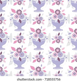Vector endless seamless pattern. Illustration of stylized vase with flowers. Flat style flowers, leaves, petals. Elements for design isolated on white background
