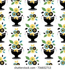 Vector endless seamless pattern. Illustration of stylized vase with flowers. Flat style flowers, leaves, petals. Elements for design isolated on white background