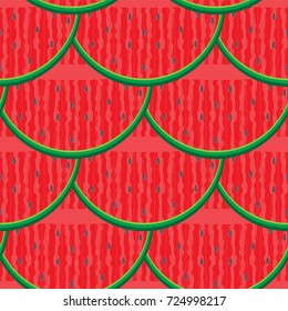 Vector endless seamless pattern. Tasty piece of watermelon with beads. Red, pink, brown colors. Minimalistic style background. Abstract design, perfect for fabric, wallpaper, print. Trend of year 