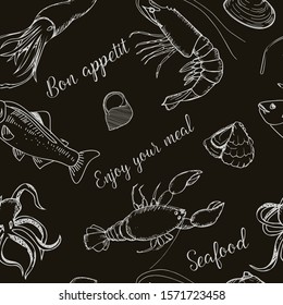 vector endless sketch pattern sea food - fish, shrimp, lobster, snail, mussels, crab, octopus. Vector lettering - seafood, bon appetit, enjoy your meal.