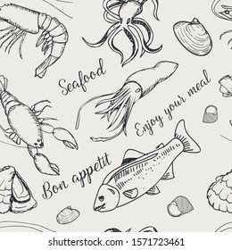 vector endless sketch pattern sea food - fish, shrimp, lobster, snail, mussels, crab, octopus. Vector lettering - seafood, bon appetit, enjoy your meal.