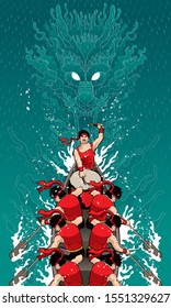 Vector of energetic men rowing boat, with a dragon and raining background. Mixed with ink's lines effect.