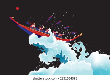 Vector of energetic men rowing boat in the waving ocean. With plain background.