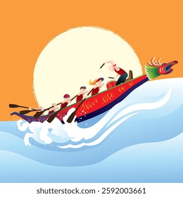 Vector of energetic people rowing dragon boat in the river. Vector. A giant sun as background.