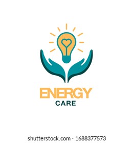 vector of energy care business logo, blue green hand holding a light bulb with heart shape inside, surrounding with yellow shining radiant flair light.