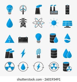Vector energy icon set - black and blue electricity symbols in flat style