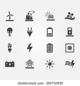 Vector energy icons - set of simple electricity symbols (wind, solar, water power)