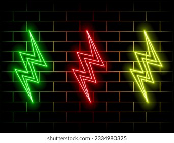 Vector energy lightning logo neon style for electric power logo, wireless charging, ui, poster, t-shirt. Thunder symbol... green, red, yellow, pink, blue, orange.