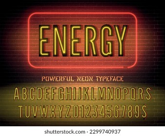 Vektor Energy-Nacht-Leuchtzeichen und schmal gelbe Neonschriftart mit Zahlen auf dunklem Ziegelmauerhintergrund