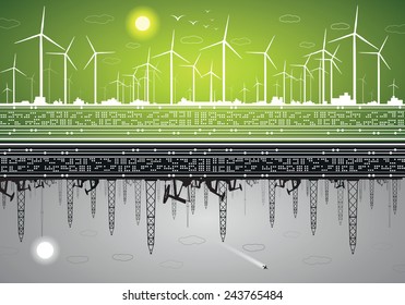 Vector energy panorama, green energy and polluting energy, windmills and ecology against oil rigs and petroleum