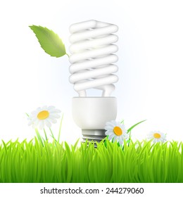 Vector energy saving lamp with green leaf and flowers