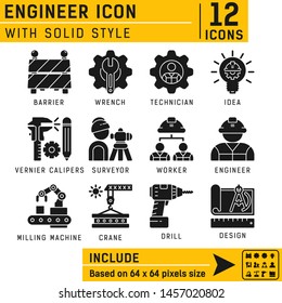 Vector engineer glyph icon set for all projects on isolated white background. Engineer icon set contains such icons cogwheel, power drill , vernier caliper, surveyor, crane, wrench, worker and other