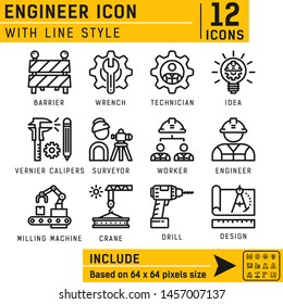 Vector engineer outline icon set for all projects on isolated white background. Engineer icon set contains such icons cogwheel, power drill , vernier caliper, surveyor, crane, wrench, worker and other