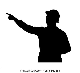 Vector engineer silhouette in helmet showing something with hand isolated on white background