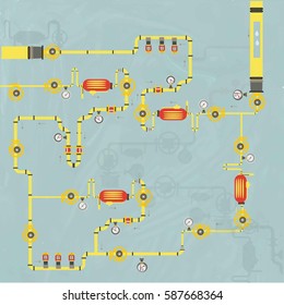 Vector engineering background with metal pipes and technical fittings