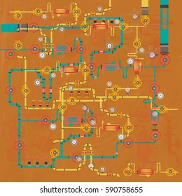 Vector engineering background with metal pipes and technical fittings